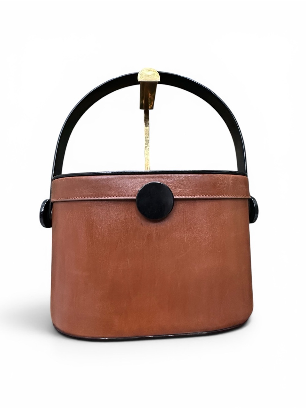 Vintage Bally International Italy Cognac Leather Vanity Bag Rare Lucite Handle